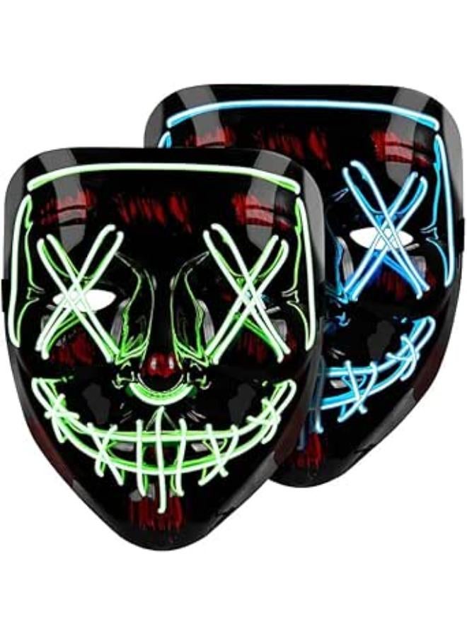 Halloween LED Light Up Mask (2 Pack) - Scary Purge Mask for Adults & Kids - Blue & Green