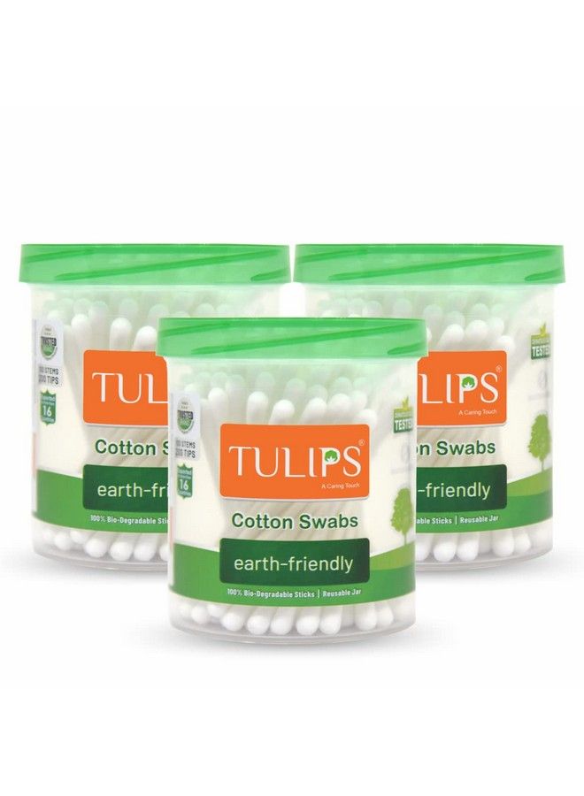 Tulips Cotton Ear Buds/Swabs (Pack Of 3) With White Paper Sticks (100/200 Tips) In A Jar - Image 1