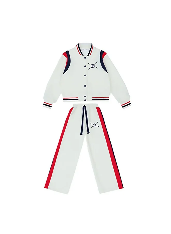 LITTLE SURPRISE BOX 2Pcs Cream With Red And Navy Varsity Style Jacket With Matching Pants For Kids & Tweens -10-11Y