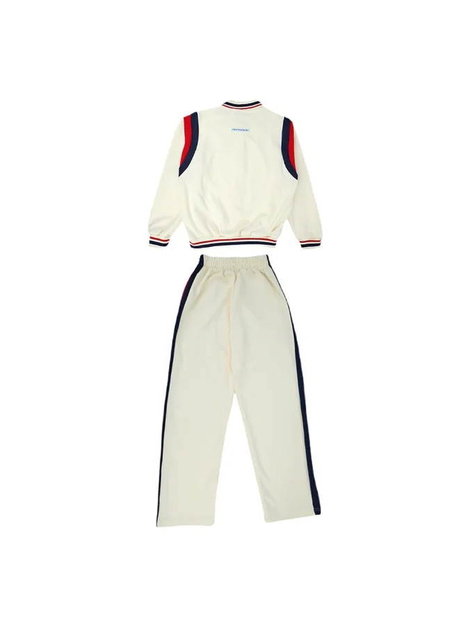 LITTLE SURPRISE BOX 2Pcs Cream With Red And Navy Varsity Style Jacket With Matching Pants For Kids & Tweens