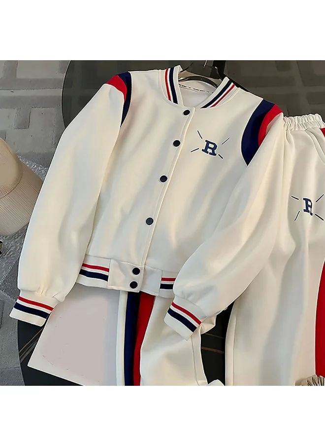 LITTLE SURPRISE BOX 2Pcs Cream With Red And Navy Varsity Style Jacket With Matching Pants For Kids & Tweens -10-11Y