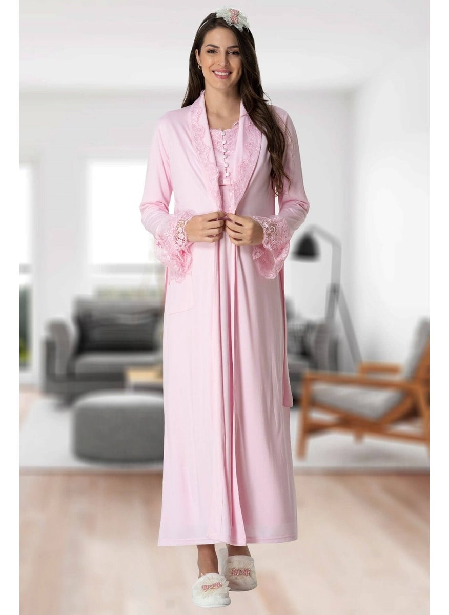 Mecit Pijama - Mecit 5417 Pink Long Dressing Gown Maternity Nightgown Set - Image 1