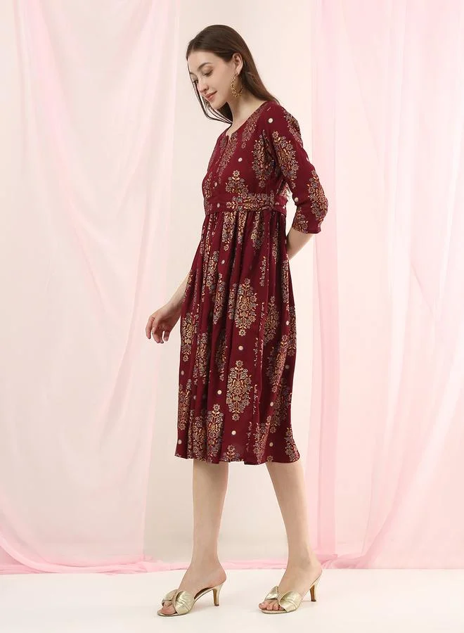 Globus Burgundy Ethnic Motifs Gathered Midi Dress
