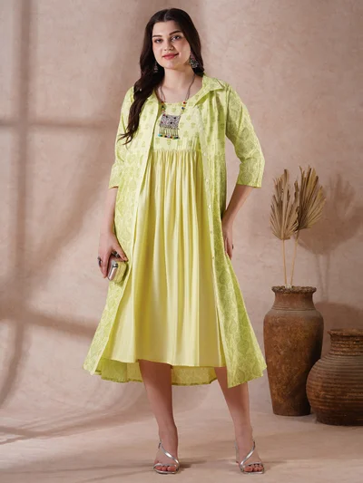 globus Women Green Strappy Shoulder Gathered A-Line Midi Ethnic Dress with Shirt Style Printed Shrug