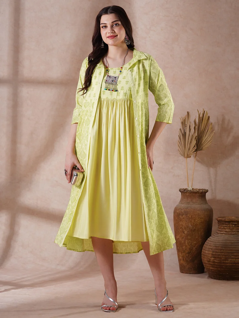 globus Women Green Strappy Shoulder Gathered A-Line Midi Ethnic Dress with Shirt Style Printed Shrug