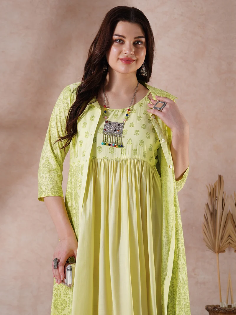 globus Women Green Strappy Shoulder Gathered A-Line Midi Ethnic Dress with Shirt Style Printed Shrug