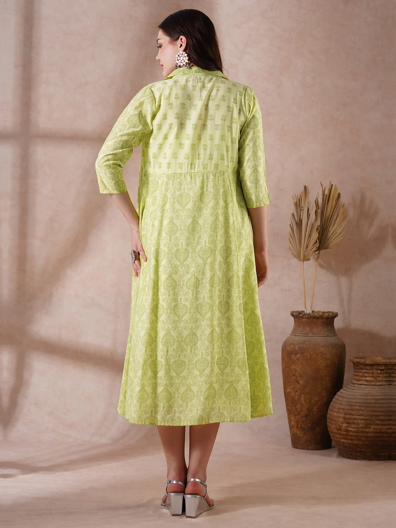 globus Women Green Strappy Shoulder Gathered A-Line Midi Ethnic Dress with Shirt Style Printed Shrug