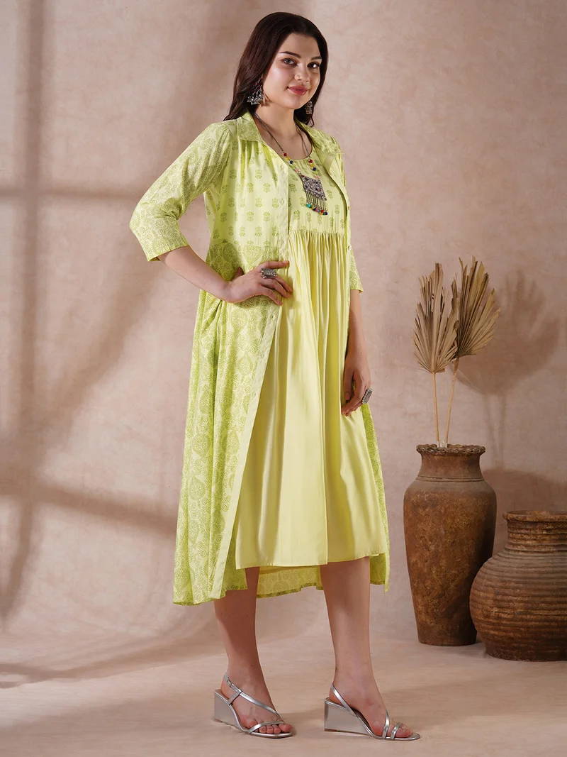 globus Women Green Strappy Shoulder Gathered A-Line Midi Ethnic Dress with Shirt Style Printed Shrug