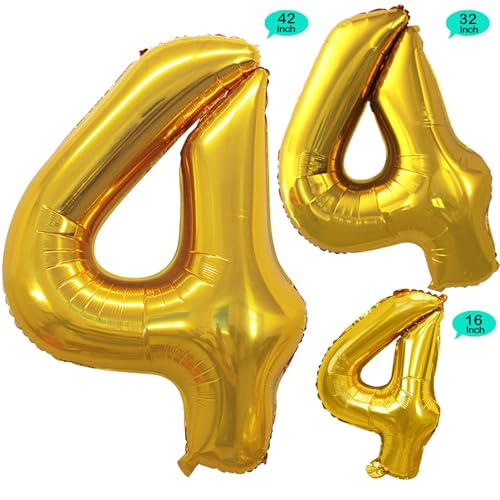 GOER Gold Foil Balloons Number 4,Huge Number Balloons for 4th 44th Birthday Party Supplies Anniversary Decorations(3 pcs,42 inch,32 inch,16inch) - Image 2