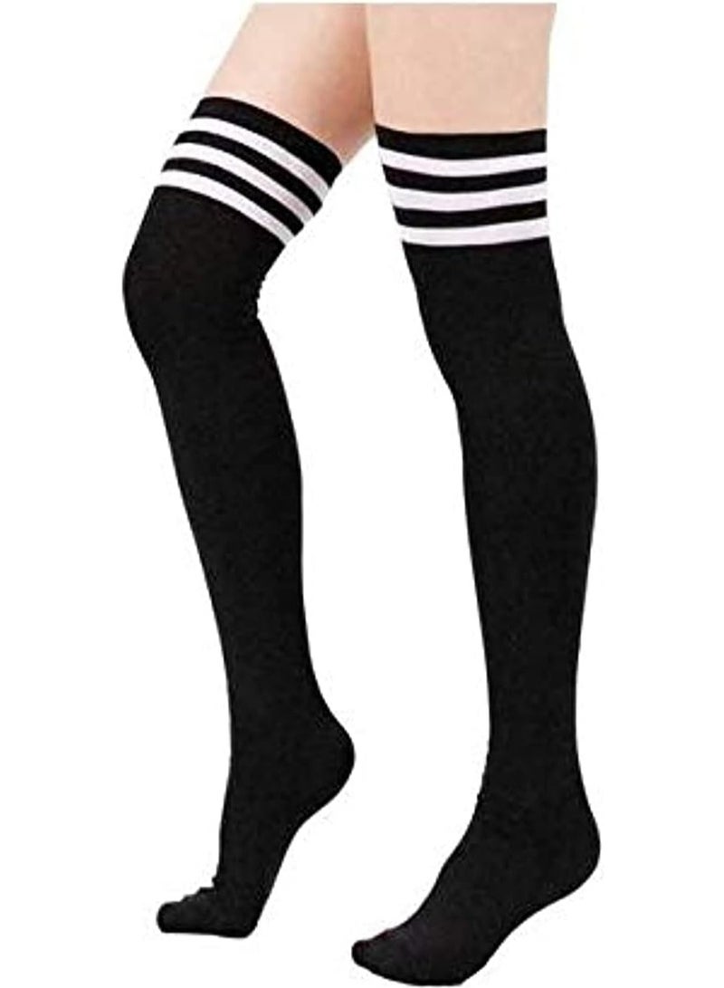 1 Pair Women Stripe Tube Dresses Over the Knee Thigh High Stockings Cosplay Socks, Black  - Image 1