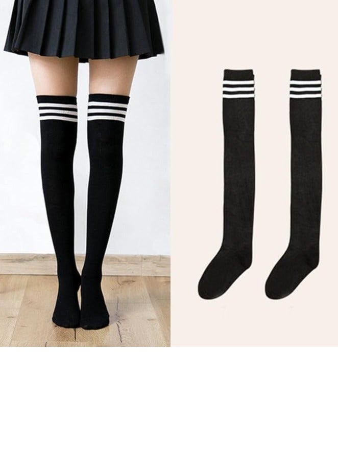 1 Pair Women Stripe Tube Dresses Over the Knee Thigh High Stockings Cosplay Socks, Black  - Image 2