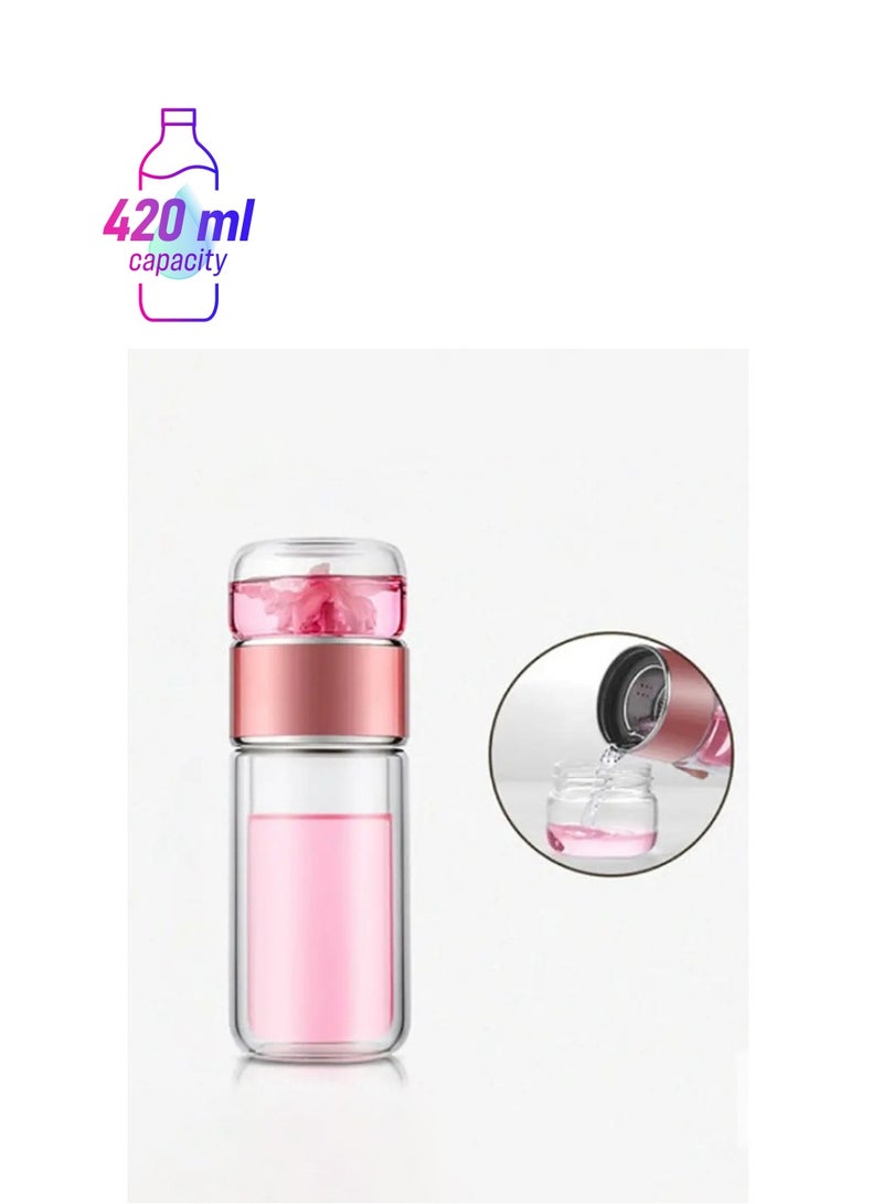 XiuWoo 420 ml Glass Tea Infuser Bottle, Double Layer Glass Water Bottle Stainless Steel Leak Proof Tea Cup for Office Travel Home Rose Gold  - Image 1