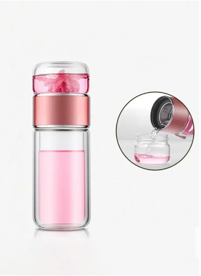 XiuWoo 420 ml Glass Tea Infuser Bottle, Double Layer Glass Water Bottle Stainless Steel Leak Proof Tea Cup for Office Travel Home Rose Gold  - Image 1