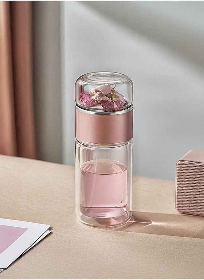 XiuWoo 420 ml Glass Tea Infuser Bottle, Double Layer Glass Water Bottle Stainless Steel Leak Proof Tea Cup for Office Travel Home Rose Gold  - Image 2