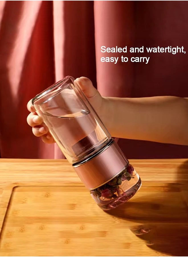 XiuWoo - 420 ml Glass Tea Infuser Bottle, Double Layer Glass Water Bottle Stainless Steel Leak Proof Tea Cup for Office Travel Home Rose Gold - Image 1