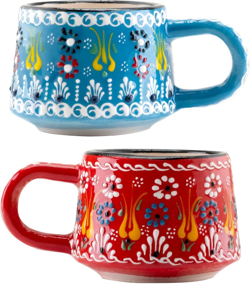 BCS 6 Oz Cappuccino Cups Set of 2 Ceramic Coffee  Tea Mugs Colorful Handmade Cups Dishwasher  Microwave Safe Ceramic Mugs 3 Inches Blue  Red - Image 1