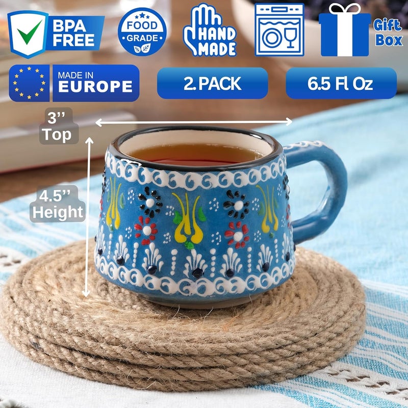 BCS 6 Oz Cappuccino Cups Set of 2 Ceramic Coffee  Tea Mugs Colorful Handmade Cups Dishwasher  Microwave Safe Ceramic Mugs 3 Inches Blue  Red - Image 2