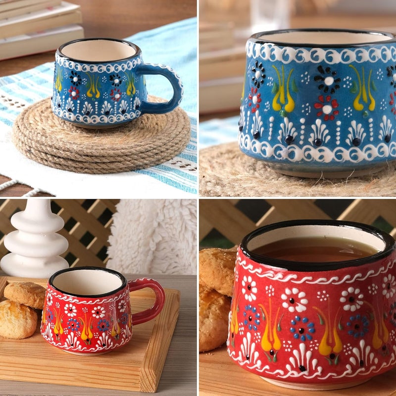 BCS 6 Oz Cappuccino Cups Set of 2 Ceramic Coffee  Tea Mugs Colorful Handmade Cups Dishwasher  Microwave Safe Ceramic Mugs 3 Inches Blue  Red - Image 4