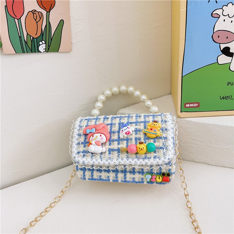 Kids Chain Strap Shoulder Bag for Autumn Winter Blue Plaid 