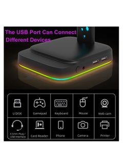 SYOSI RGB Headphone Stand with 9 Light Modes, Upgraded 5 in 1 Headphone Holder with Type-c Input/3.5mm AUX/USB Output Ports, Gaming Headset Stand with Non-Slip for Earphones Accessories Gamer Gifts  - Image 5