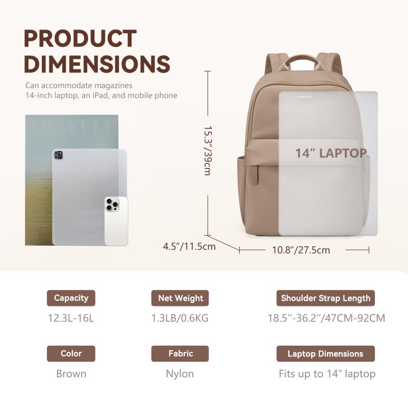 GOLF QUALITY Laptop Backpack for Women Fit 14 Inch Stylish Daypack Notebook Travel Work Commuter Casual Daypack Backpack Purse for Women Travel Business (Champagne Brown) - Image 2