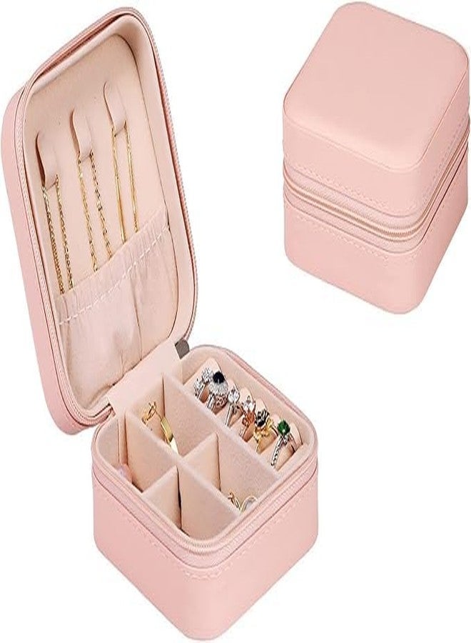 IMUU Faux Leather Mini Jewelry Travel Case, Small Travel Jewelry Organizer, PU Leather Zipper Locked Portable Storage Box With Multi Compartments For Rings, Earrings, Necklace (Pink) - Image 1