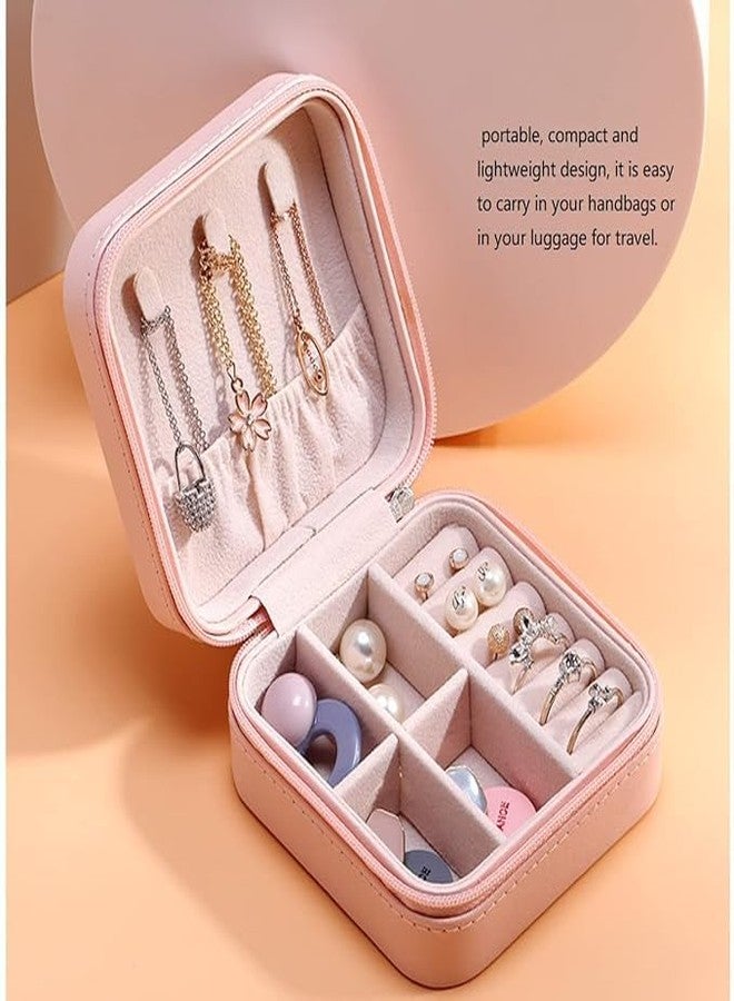 IMUU Faux Leather Mini Jewelry Travel Case, Small Travel Jewelry Organizer, PU Leather Zipper Locked Portable Storage Box With Multi Compartments For Rings, Earrings, Necklace (Pink) - Image 4