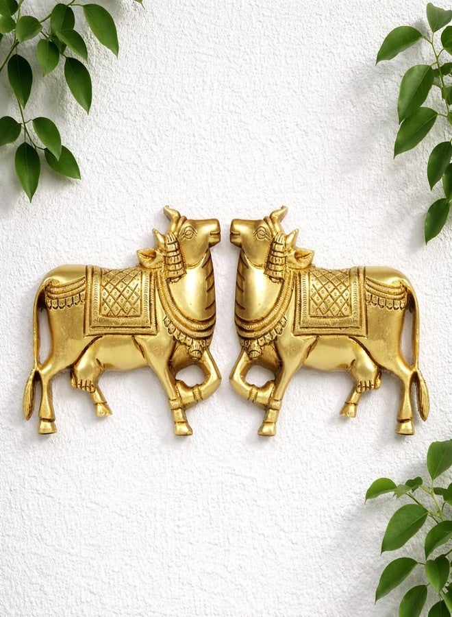 SVARUP Brass Cow Wall Hanging Vastu Gau MATA Idol, Kamdhenu Cow Pair Nandi (Gold Color 5x4 Inch) - Image 1