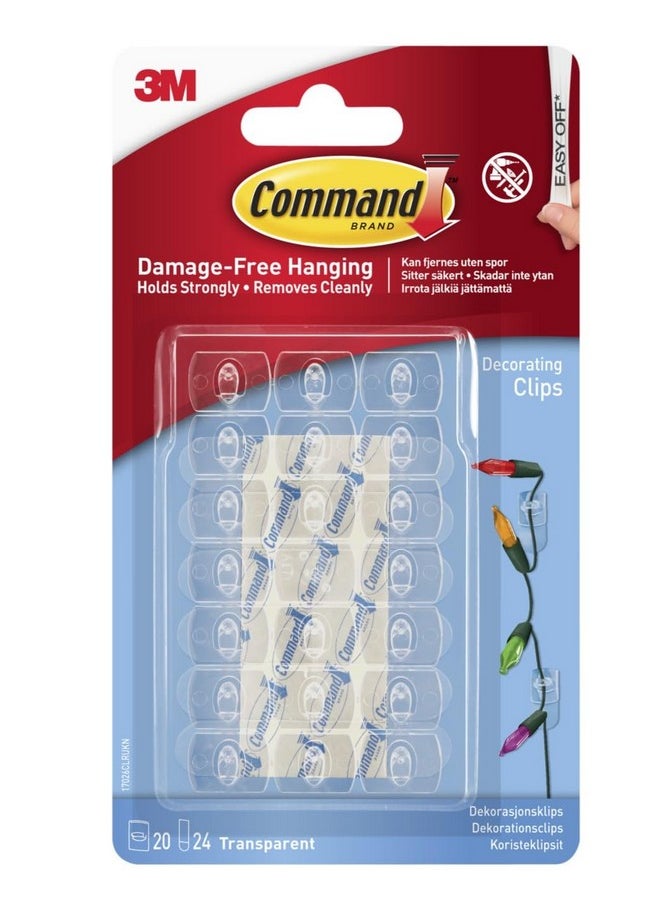 Command Plastic Clear Decorating & Organizing Wall Hooks, Holds Strongly, Reusable, Adhesive Hooks For Wall, Multi-Surface Damage Free Hooks For Hanging (Transparent, 20 Clips, 24 Strips)  - Image 1