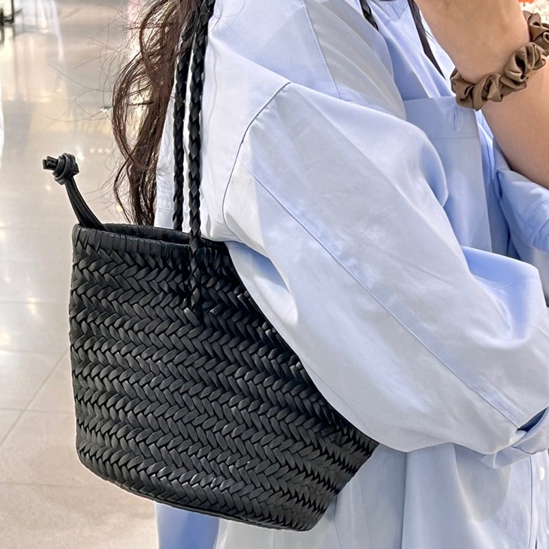 Z Family Woven Bag Summer Satchel Vegetable Basket French Retro Pu Leather Hand-Woven Bag Bucket Bag - Image 2