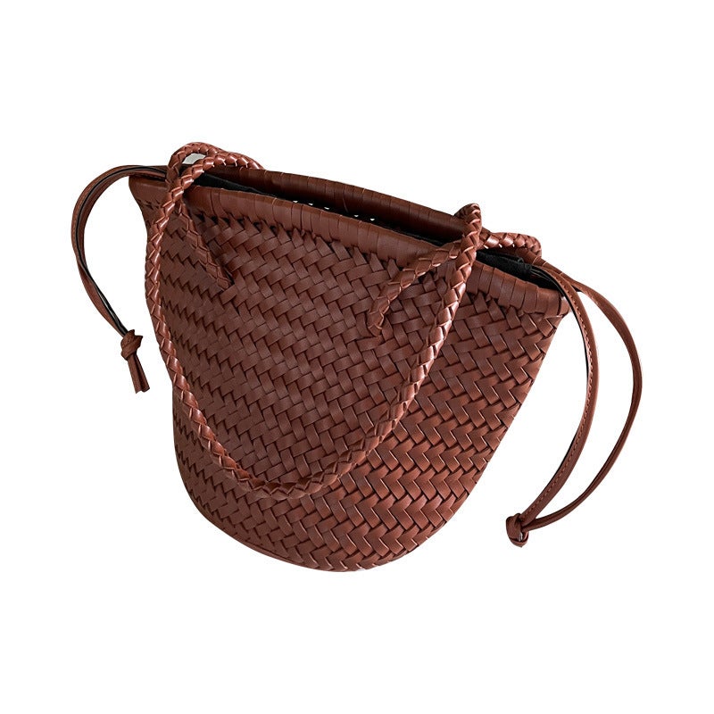Z Family Woven Bag Summer Satchel Vegetable Basket French Retro Pu Leather Hand-Woven Bag Bucket Bag - Image 5