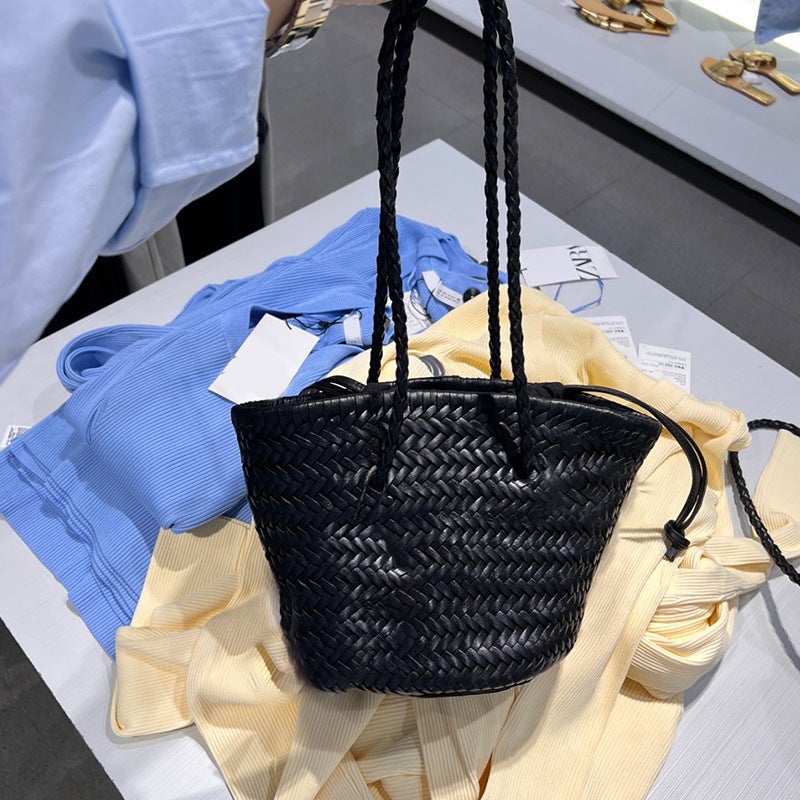 Z Family Woven Bag Summer Satchel Vegetable Basket French Retro Pu Leather Hand-Woven Bag Bucket Bag - Image 4
