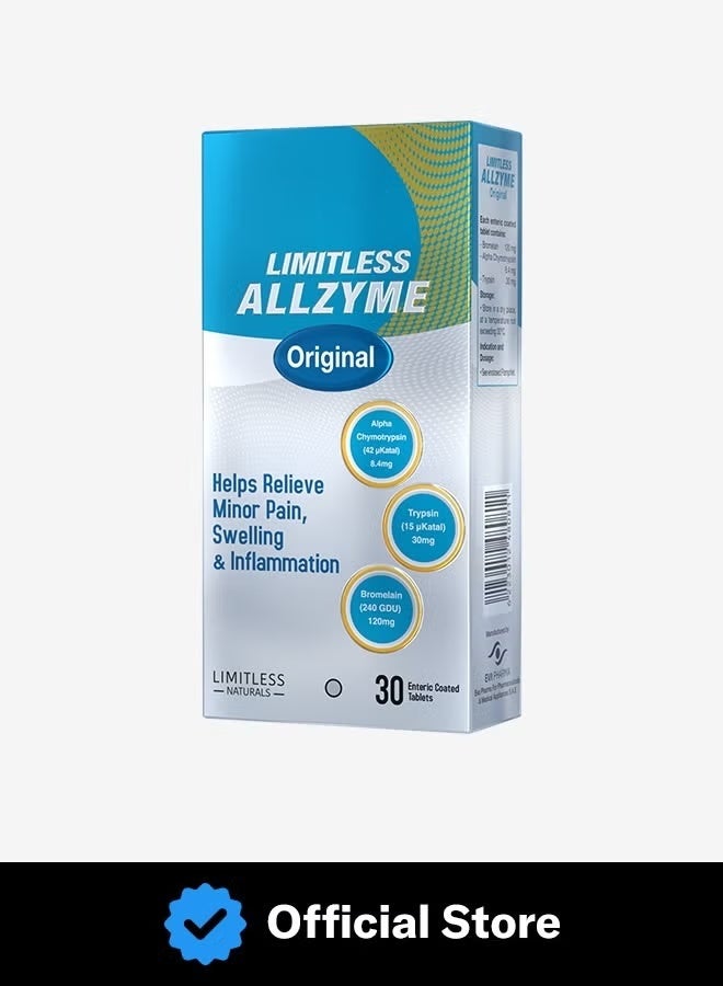 Limitless Allzyme Original | Helps relieve inflammation and edema | Trypsin (30 mg) - Chymotrypsin (8.4 mg) - Bromelain (120 mg) | 20 Enteric Coated Tablets