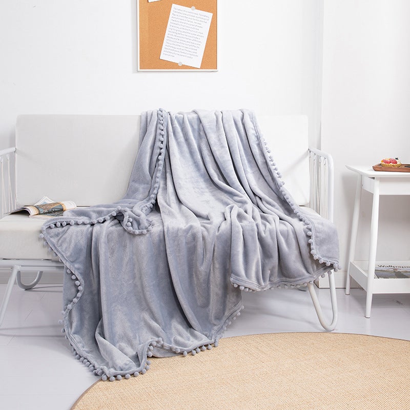 Fringe Pom-Pom Flannel Throw Blanket Solid Color Grey 