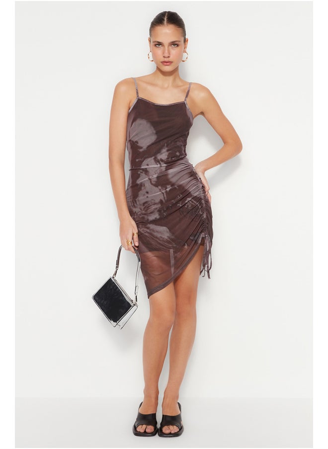 trendyol - Brown Printed Gathered Detailed Fitted Lined Tulle Mini Knitted Dress TWOSS23EL00426 - Image 1