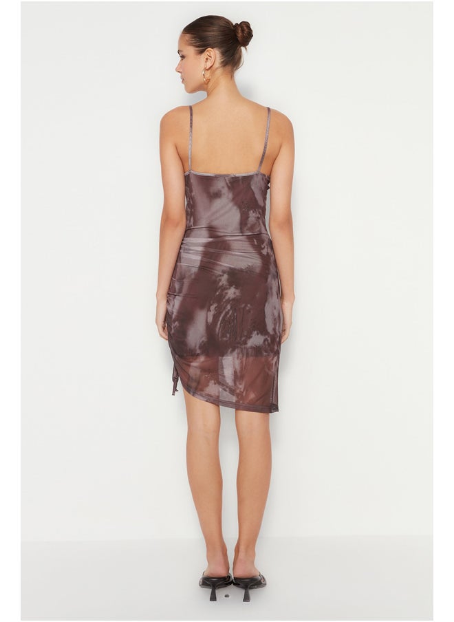 trendyol - Brown Printed Gathered Detailed Fitted Lined Tulle Mini Knitted Dress TWOSS23EL00426 - Image 1