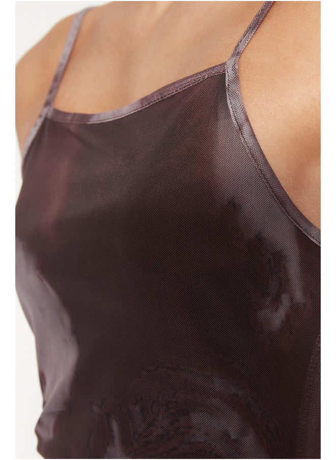 trendyol - Brown Printed Gathered Detailed Fitted Lined Tulle Mini Knitted Dress TWOSS23EL00426 - Image 1