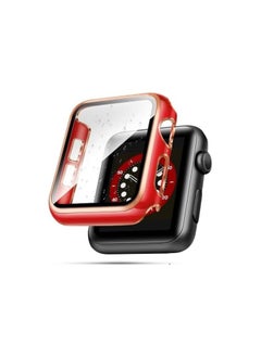 حافظة ELMO3EZZ مقاس 45 مم متوافقة مع ساعة Apple Watch، مع واقي شاشة زجاجي مقوى مدمج، غطاء PC لسلسلة iWatch 8/7/SE 6 5 4/3 2 للاختيار (45 مم، أحمر + حافة ذهبية وردية)