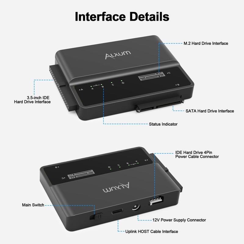 ALXUM حاوية SSD خارجية Alxum NVME M.2 SATA IDE 3 في 1 بدون أدوات PCIE-10Gbps USB 3.2 نوع C لقراءة الأقراص الصلبة 2230/2242/2260/2280، 2.5" / 3.5" SATA SSD و 3.5" IDE HDD - Image 4