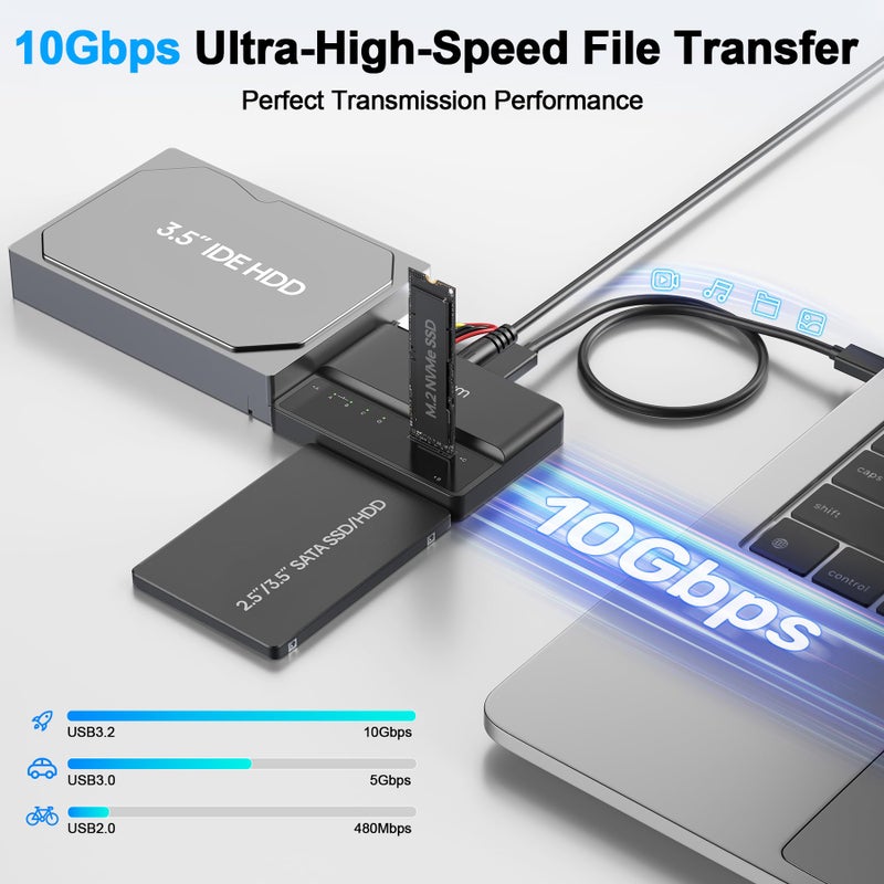 ALXUM حاوية SSD خارجية Alxum NVME M.2 SATA IDE 3 في 1 بدون أدوات PCIE-10Gbps USB 3.2 نوع C لقراءة الأقراص الصلبة 2230/2242/2260/2280، 2.5" / 3.5" SATA SSD و 3.5" IDE HDD - Image 2