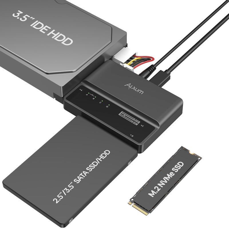 ALXUM حاوية SSD خارجية Alxum NVME M.2 SATA IDE 3 في 1 بدون أدوات PCIE-10Gbps USB 3.2 نوع C لقراءة الأقراص الصلبة 2230/2242/2260/2280، 2.5" / 3.5" SATA SSD و 3.5" IDE HDD - Image 1