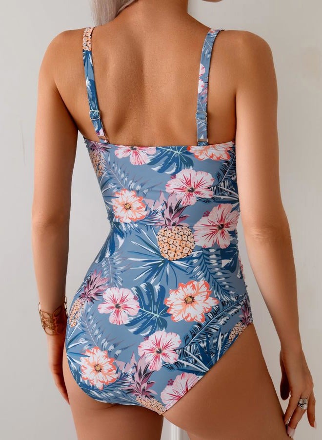 B2prity Women's Underwire One Piece Swimsuit Tummy Control Ruched Bathing Suit Criss Cross V Neck Swimwear, Blue Floral, M - Image 2