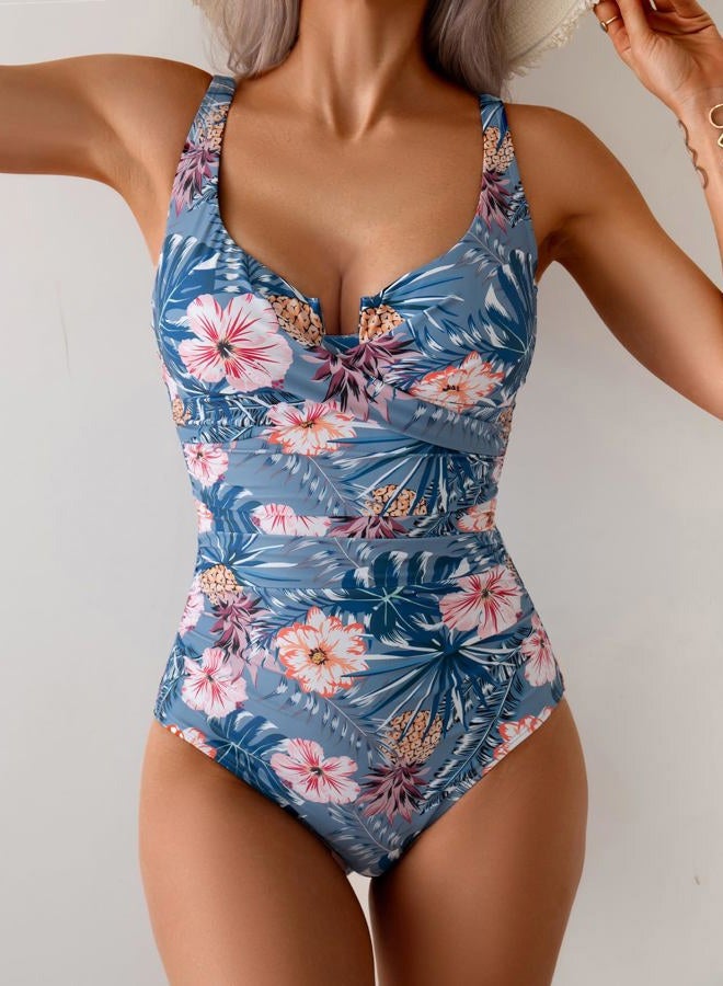 B2prity Women's Underwire One Piece Swimsuit Tummy Control Ruched Bathing Suit Criss Cross V Neck Swimwear, Blue Floral, M - Image 5