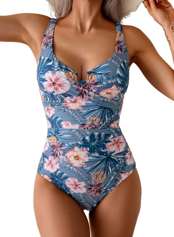 B2prity Women's Underwire One Piece Swimsuit Tummy Control Ruched Bathing Suit Criss Cross V Neck Swimwear, Blue Floral, M - Image 1