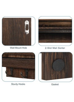 BTY Mail Holder For Wall Wooden Mail Sorter With 4 Key Hooks 2Slot Wall Mounted Mail Sorter Letter Bills Newspaper Magazine Organizer For Entryroom Hallway Office Garage Rustic Brown  - Image 4