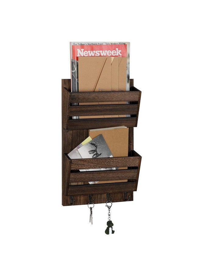 BTY Mail Holder For Wall Wooden Mail Sorter With 4 Key Hooks 2Slot Wall Mounted Mail Sorter Letter Bills Newspaper Magazine Organizer For Entryroom Hallway Office Garage Rustic Brown  - Image 1