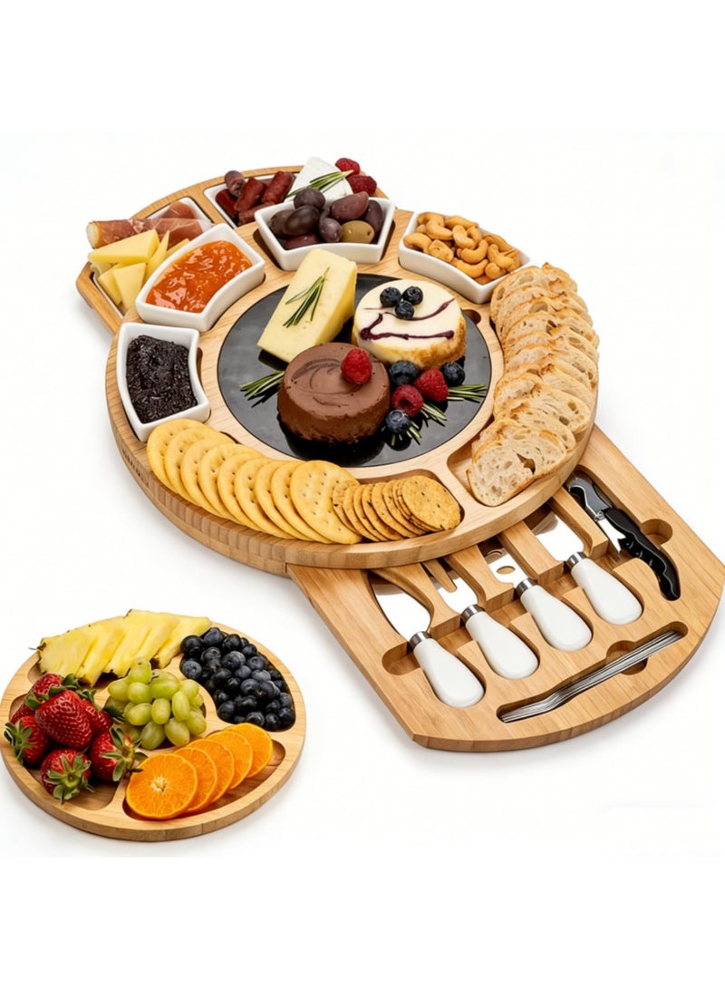 1PCS Bamboo Cheese Board Set, Round Charcuterie Board and Knife Set with Marble Plate and Ceramic Bowls, Serving Utensils and Cutlery, Cheese Tray for Wedding Gifts - Image 1