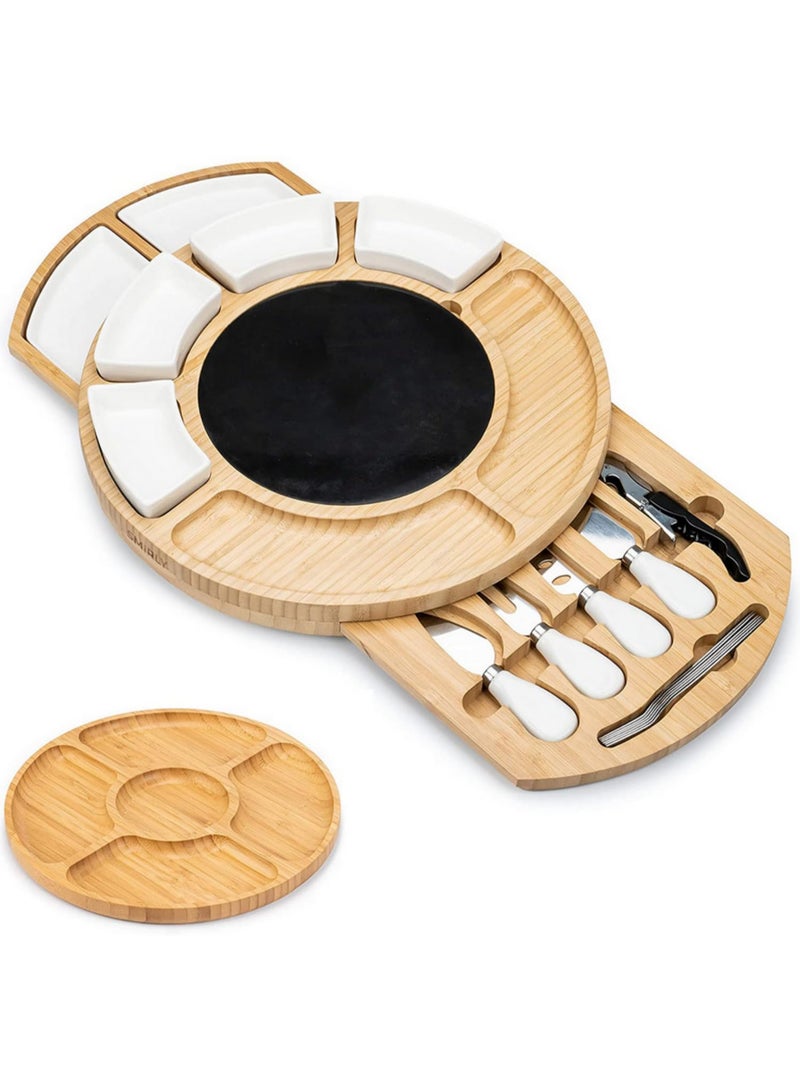 1PCS Bamboo Cheese Board Set, Round Charcuterie Board and Knife Set with Marble Plate and Ceramic Bowls, Serving Utensils and Cutlery, Cheese Tray for Wedding Gifts - Image 2