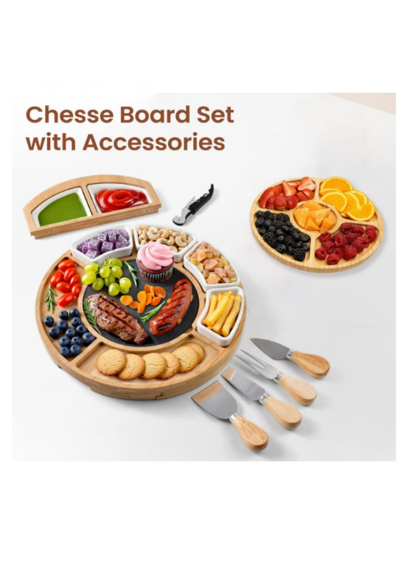 1PCS Bamboo Cheese Board Set, Round Charcuterie Board and Knife Set with Marble Plate and Ceramic Bowls, Serving Utensils and Cutlery, Cheese Tray for Wedding Gifts - Image 3