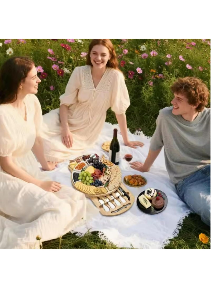 1PCS Bamboo Cheese Board Set, Round Charcuterie Board and Knife Set with Marble Plate and Ceramic Bowls, Serving Utensils and Cutlery, Cheese Tray for Wedding Gifts - Image 5